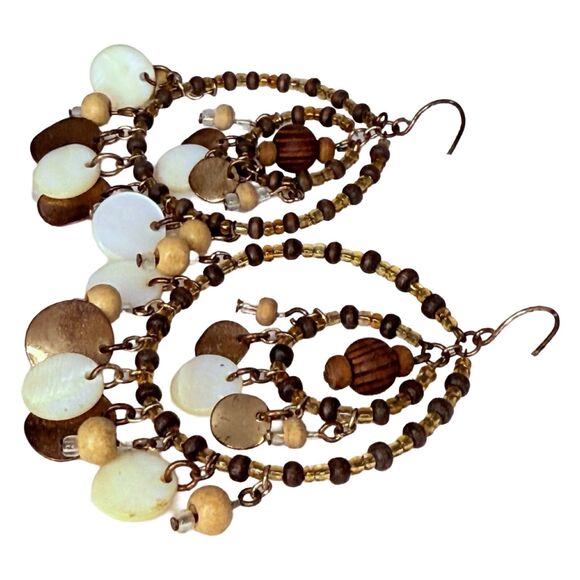 Native Style Beaded Dreamcatcher Hoop Earrings Gold Tone Large Shell , 3.5" - Picture 6 of 9